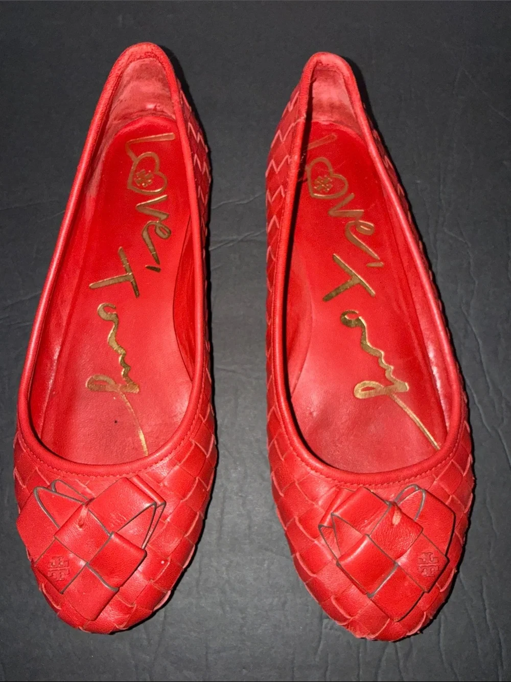 TORY BURCH  Red Woven Leather Ballet Flats 7.5 CORQUETTE Whimsical Workwear
